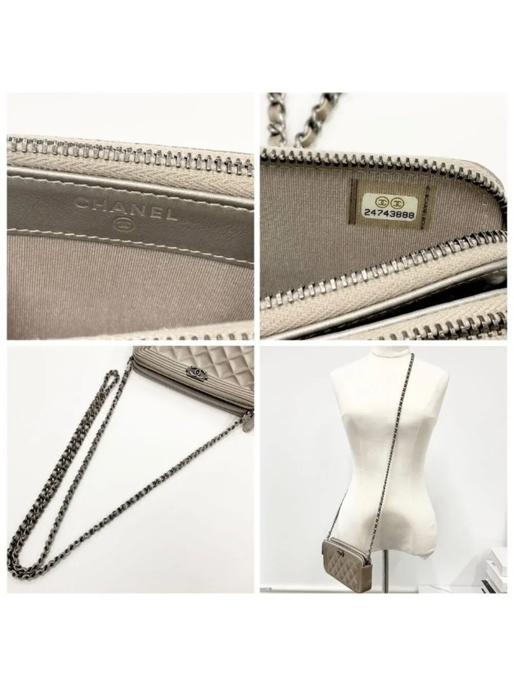 Chanel Caviar Leather CC Logo Boy Chain Wallet Shoulder